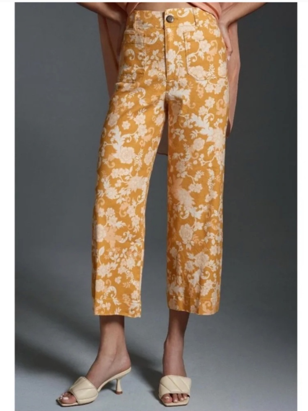 Anthropologie Maeve Colette Mustard Yellow Floral Wide Leg Ankle Pants Size 26